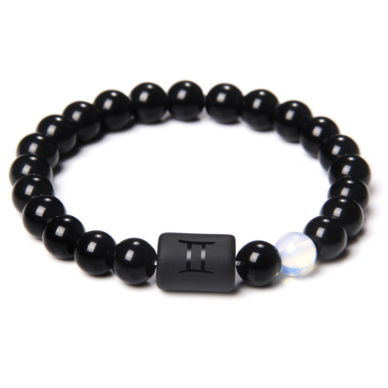 Unisex Adjustable 8mm White Crystal Tiger Eye Obsidian Zodiac Beaded Bracelet
