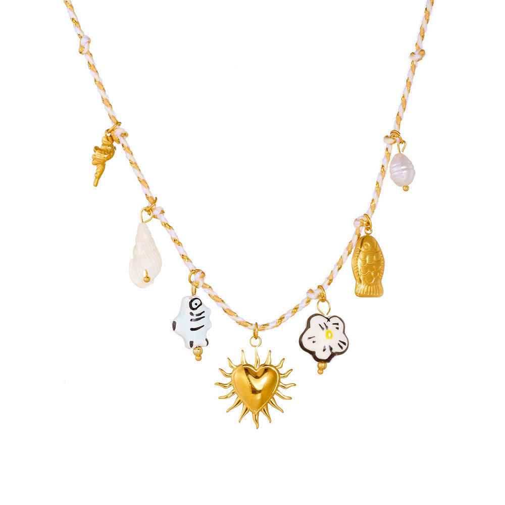 Chic Cartoon Painted Ceramic Fish and Flower Heart Stainless Steel Plated Necklace with Rope Chain for Women