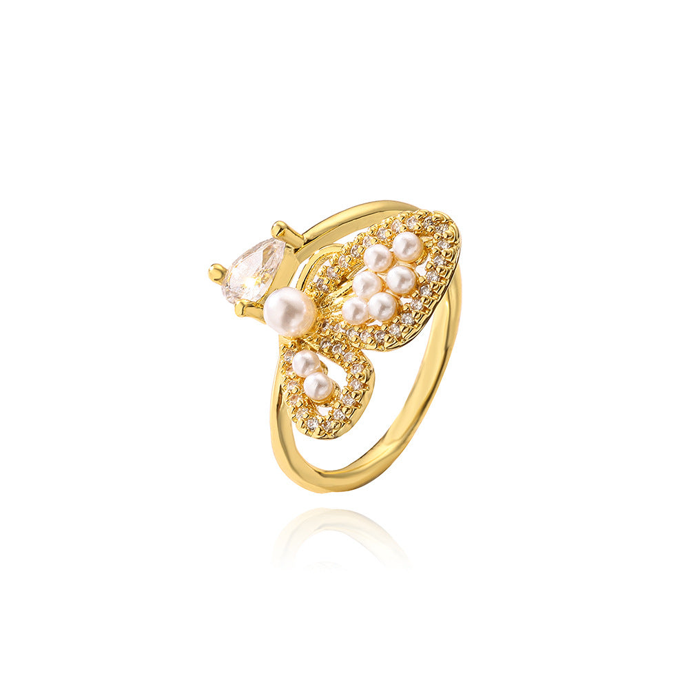 Anello Aperto Tartaruga Farfalla Geometrica da Donna in Rame con Placcatura in Oro 18K e Intarsio di Zirconi