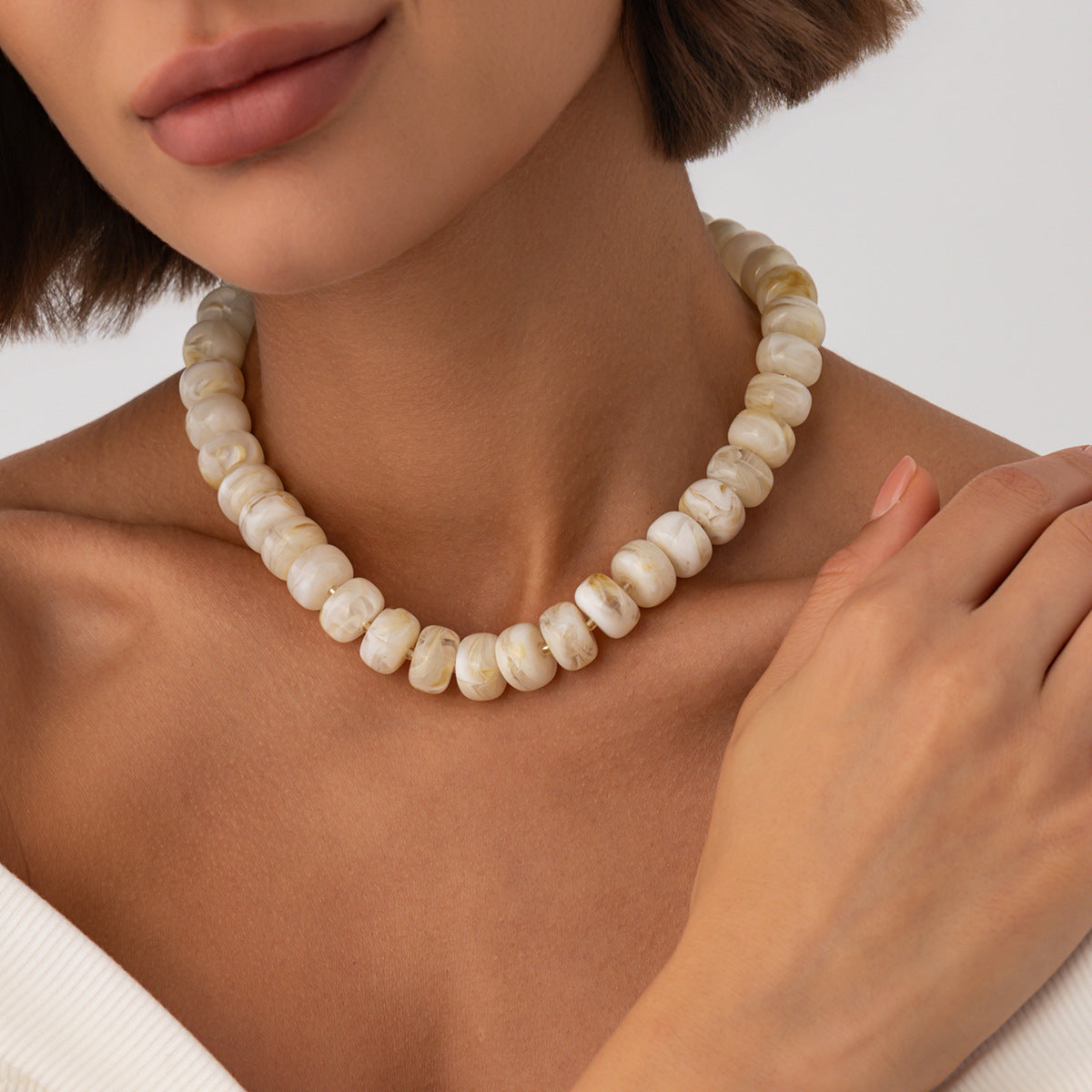Sweet Geometric Gradient Resin Beaded Necklace Stainless Steel Chain Women's Jewelry