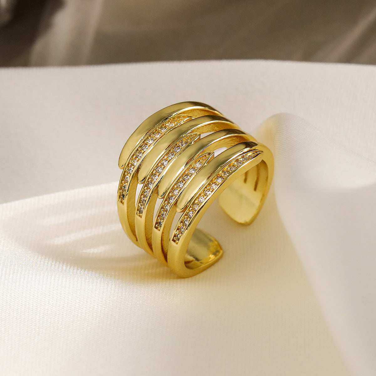 Minimalist Geometric Open Ring for Women Made of Brass with Micro-Pave Zirconia