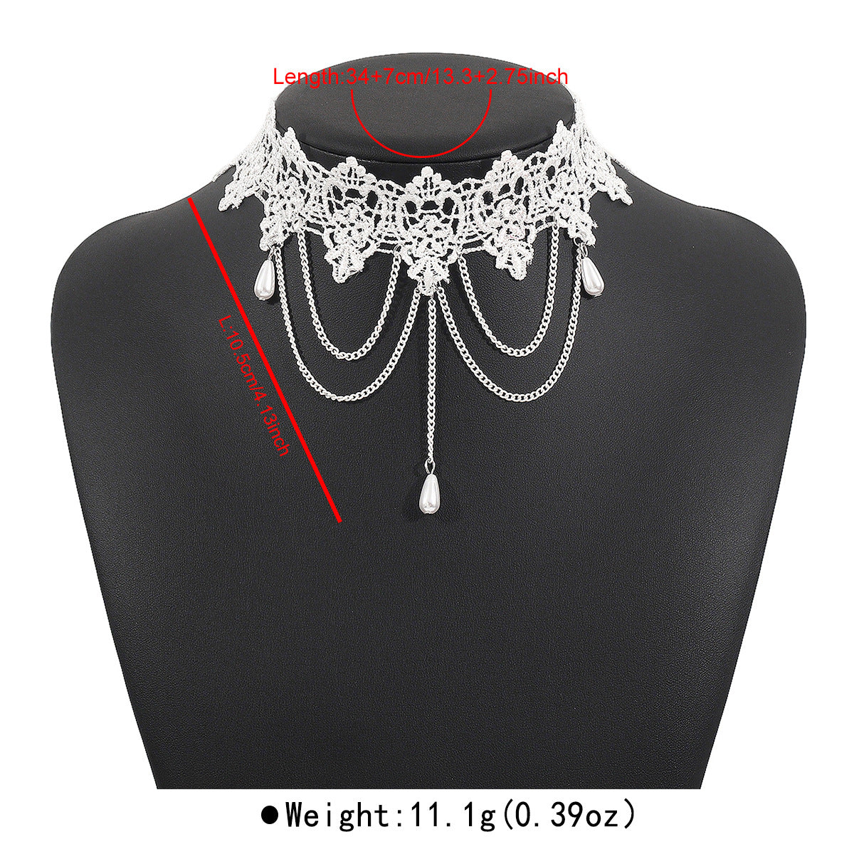 Gargantilla de encaje vintage oscuro con colgante de perla de imitación y detalles de flecos para mujer