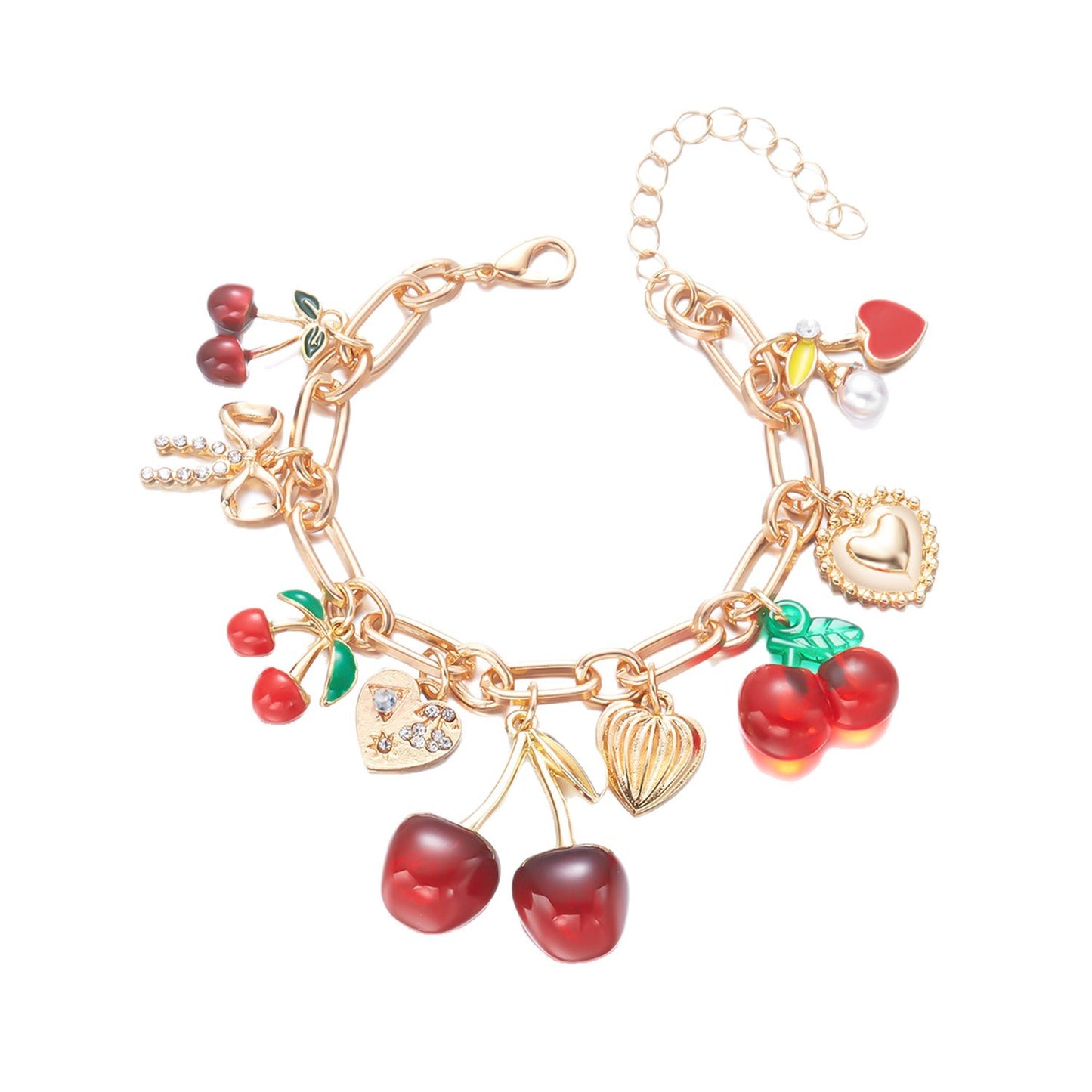 Drip Oil Plated Alloy Heart and Cherry Pendant Bracelet for Women