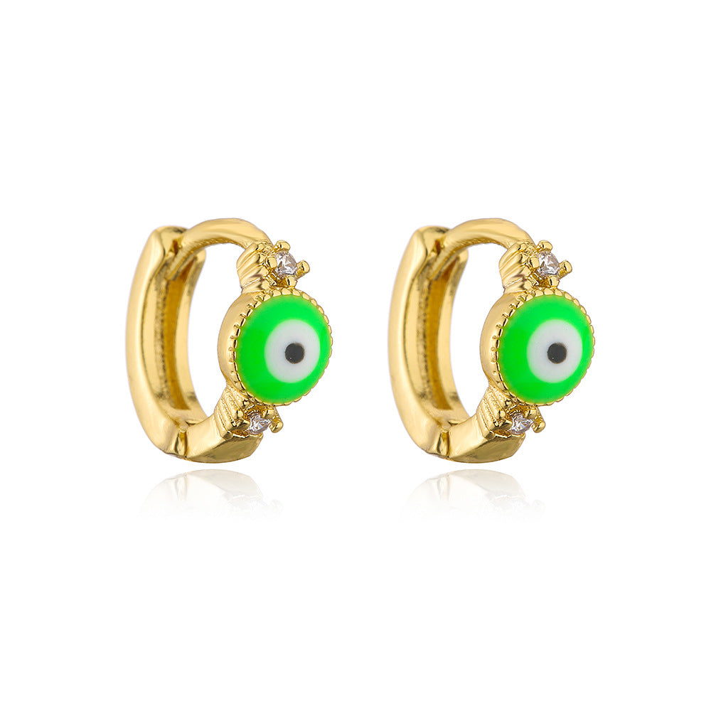 Minimalist Geometric Copper Earrings with 18K Gold Plating and Enamel Evil Eye Design for Women