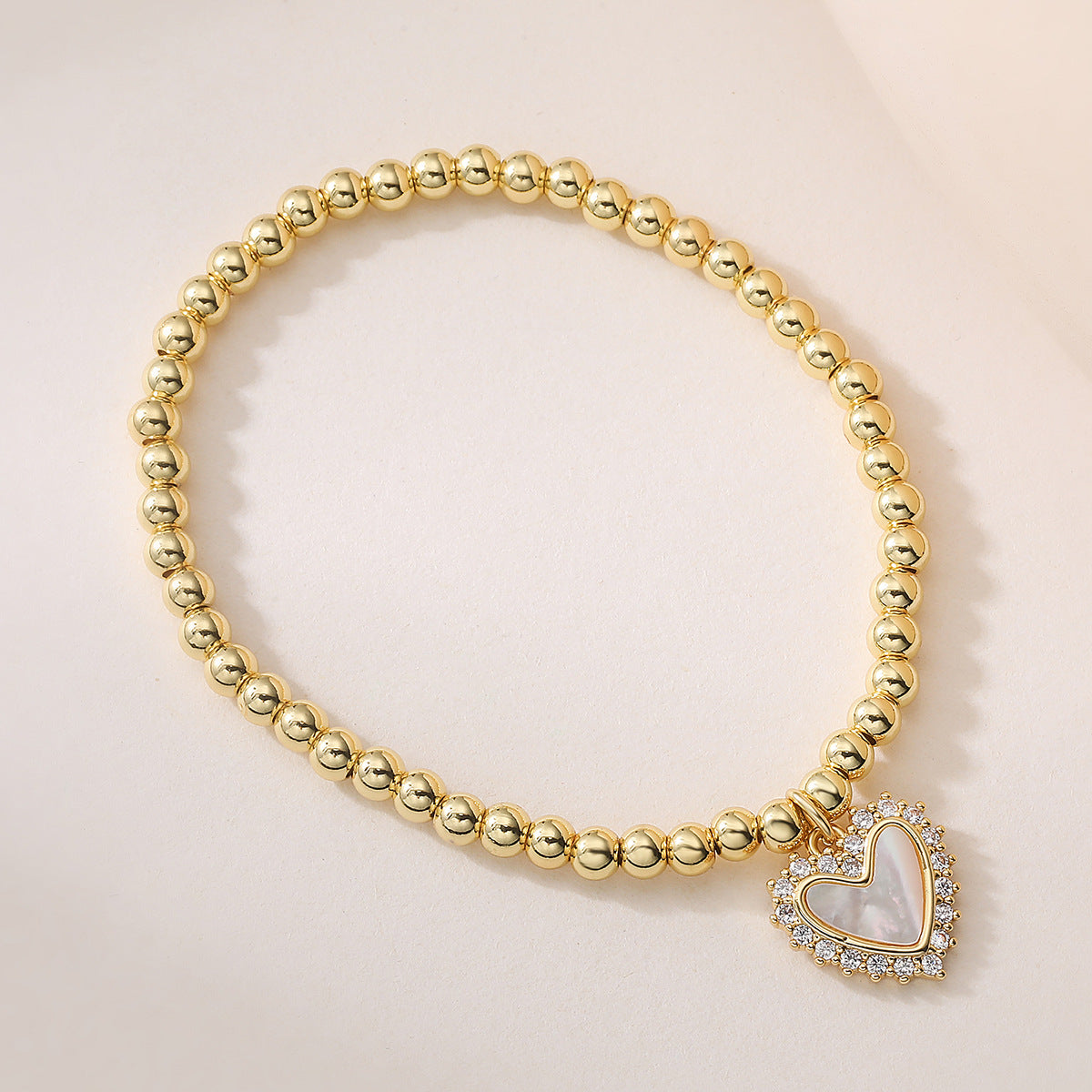 Minimalist 18K Gold Plated Brass Heart Geometric Micro-inlay Cubic Zirconia and Shell Bracelet for Women