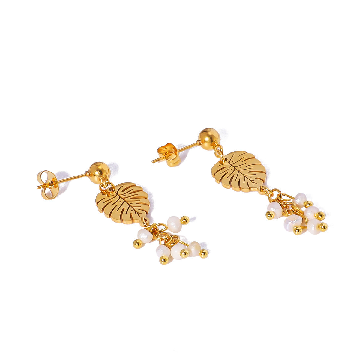 Pendientes Minimalistas de Acero Inoxidable en Forma de Hoja con Baño de Oro de 18K y Perla Natural Incrustada para Mujer