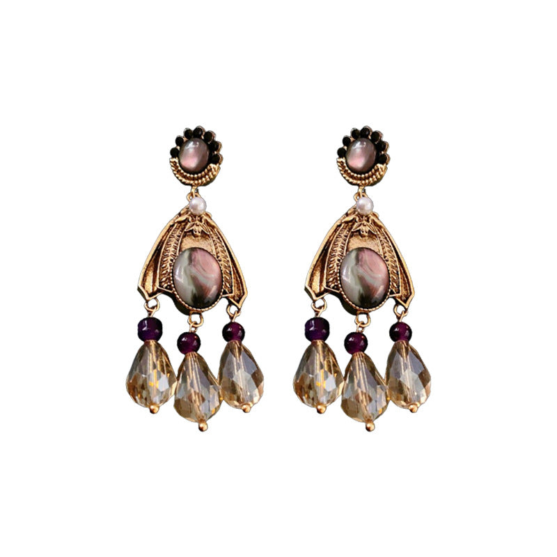 Vintage Floral Tassel Earrings with Rhinestones in Silver Plated Setting for Women