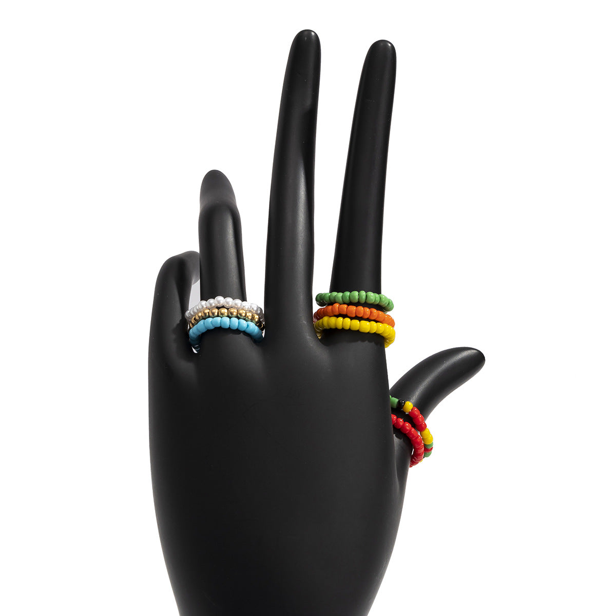 Conjunto de anillos de cuentas hechos a mano para mujer, estilo geométrico, con resina y mini cuentas de colores a juego