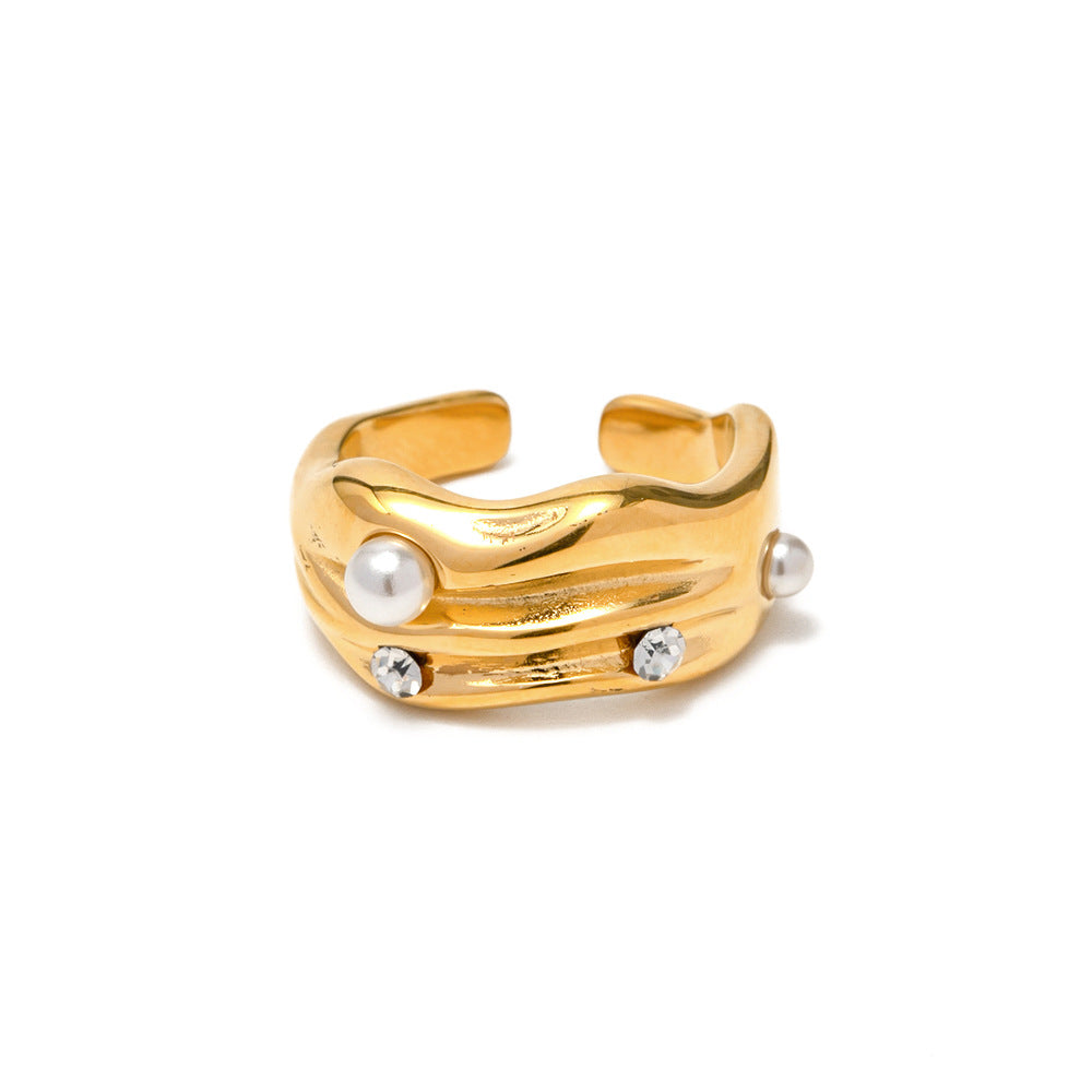 Anillo Abierto con Forma de C Geométrica de Moda con Incrustaciones de Perlas, Joyería de Acero Inoxidable con Baño de Oro de 18K para Mujer