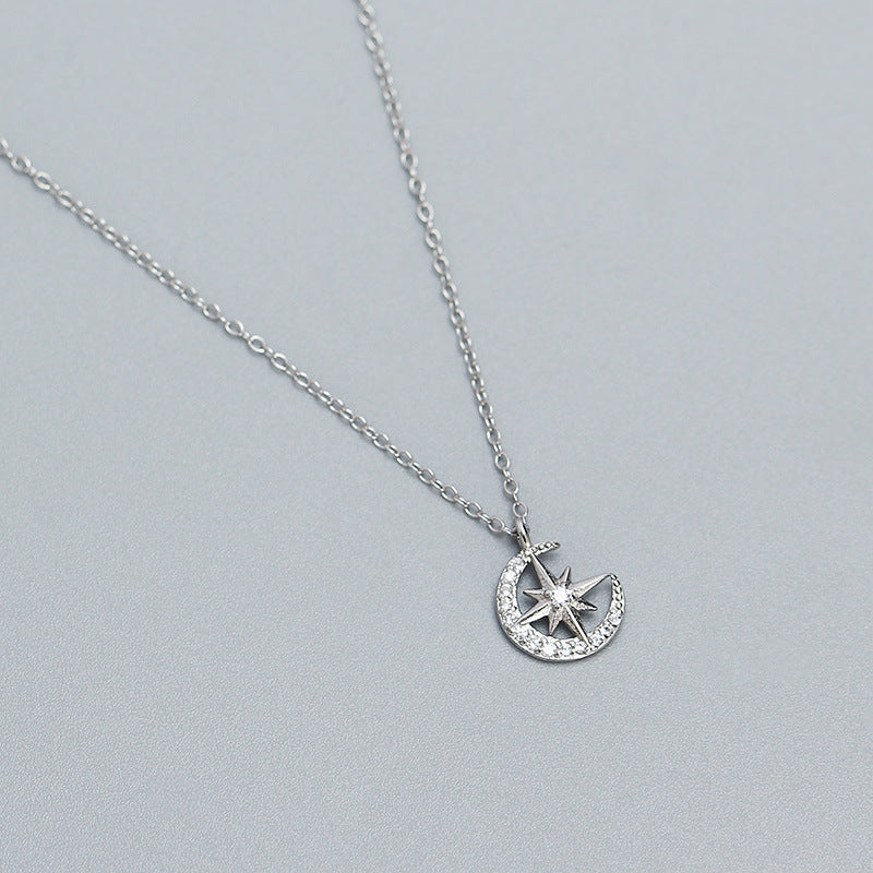 925 Sterling Silver Star Moon Cubic Zirconia Inlay Necklace
