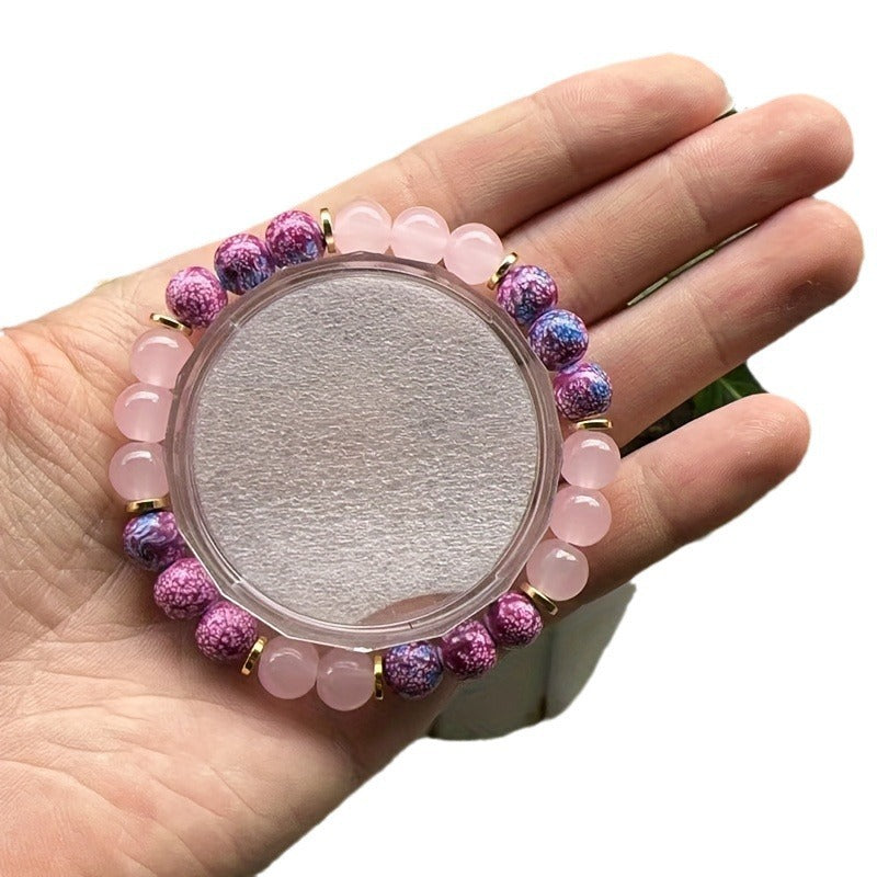 Casual Unisex 8mm Pink Crystal and Agate Beaded Bracelet Geometric Round Handmade Jewelry Gift