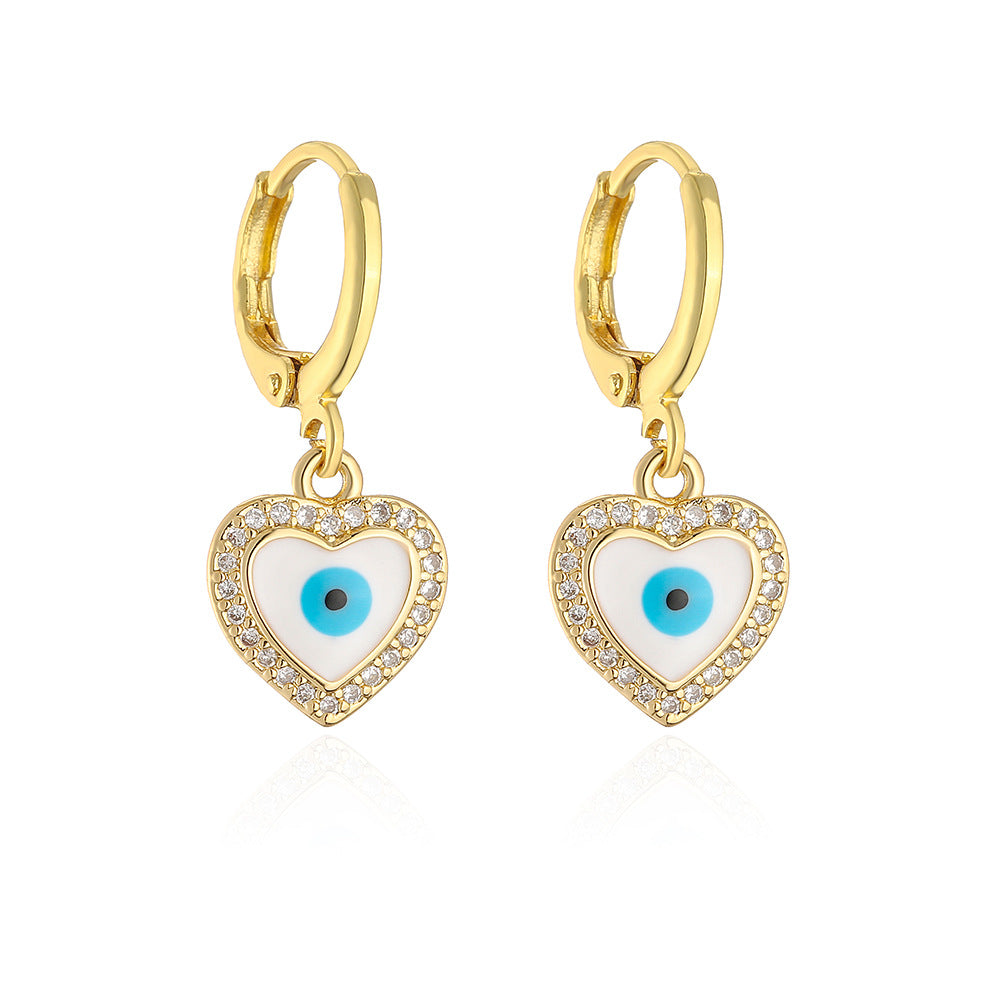 Elegant French-Style Geometric Eye and Heart Earrings for Women in Copper with Gold Plating and Enamel Finish
