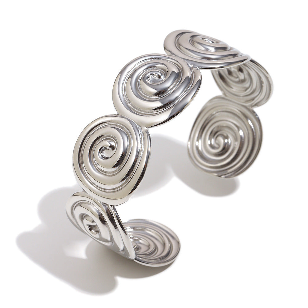 Minimalist Geometric Stainless Steel Plated 18K Gold Spiral Cuff Bracelet for Women