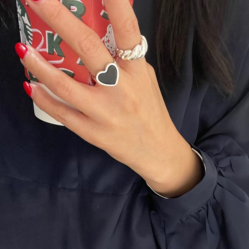 925 Sterling Silver Heart Agate Inlay Ring for Women