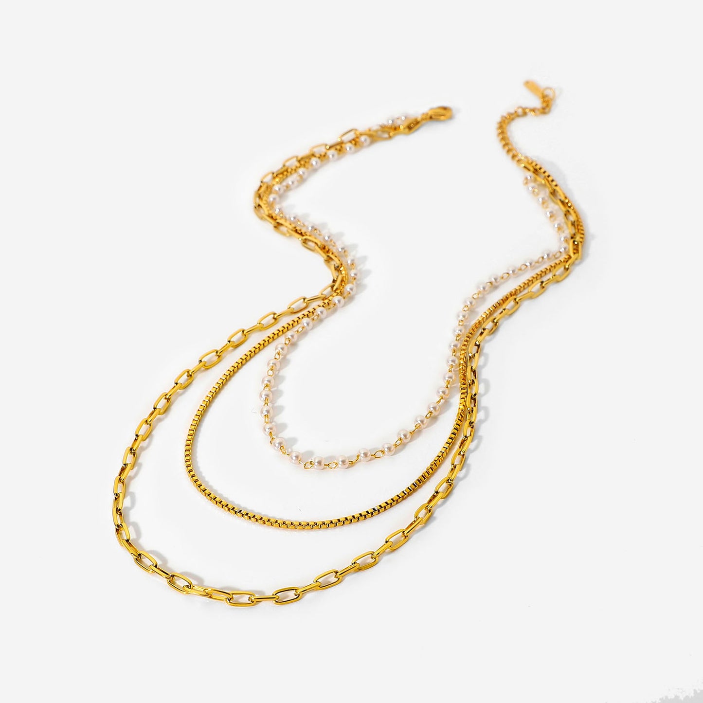 Collana alla Moda da Donna a Tre Strati in Acciaio Inossidabile Placcato Oro 18K con Piccola Perla e Catenina a Bambù