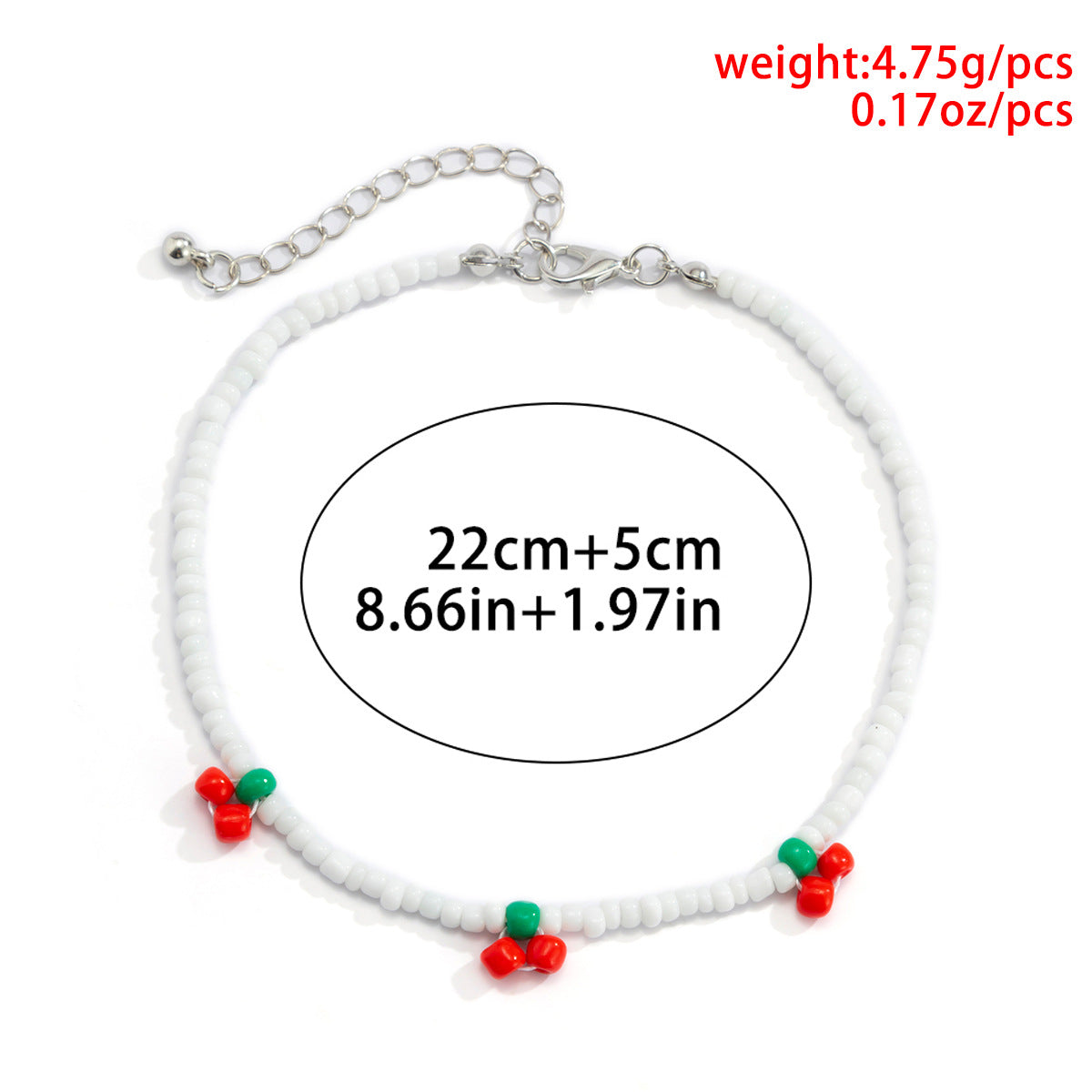 Sweet Vintage Bohemian Plated Glass Beads Ball Chain Necklace Cherry Charm
