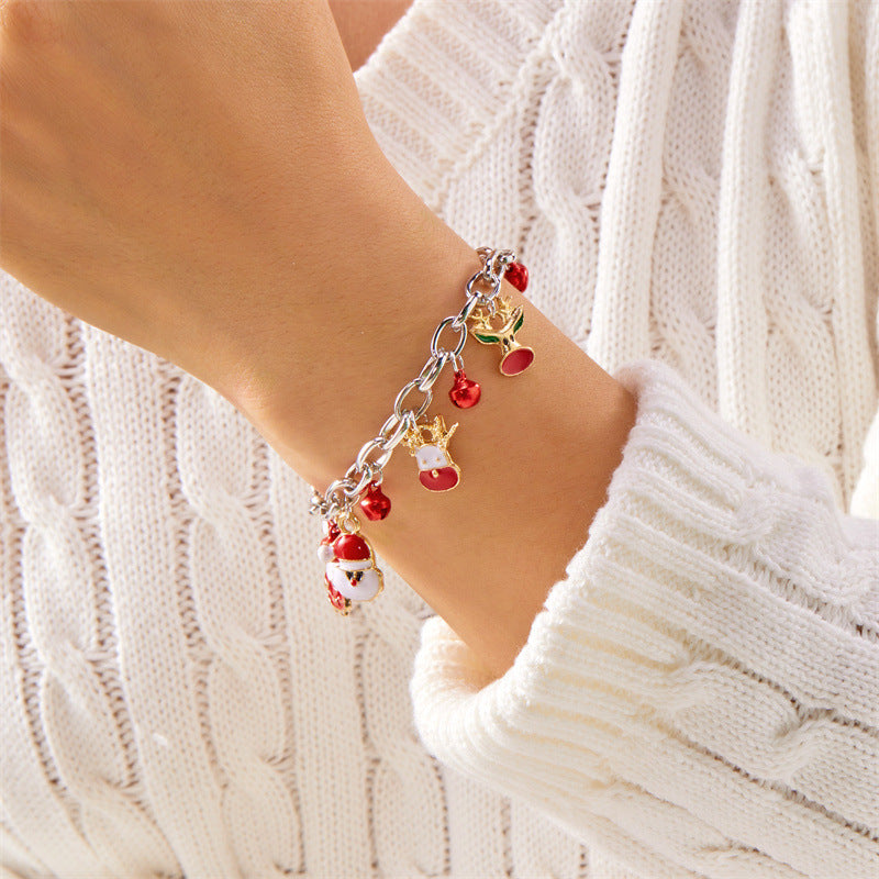 Christmas-Themed Charm Bracelet with Santa, Reindeer, Snowflake, and Bell Charms in Gold and Silver Plated Alloy for Unisex Wear