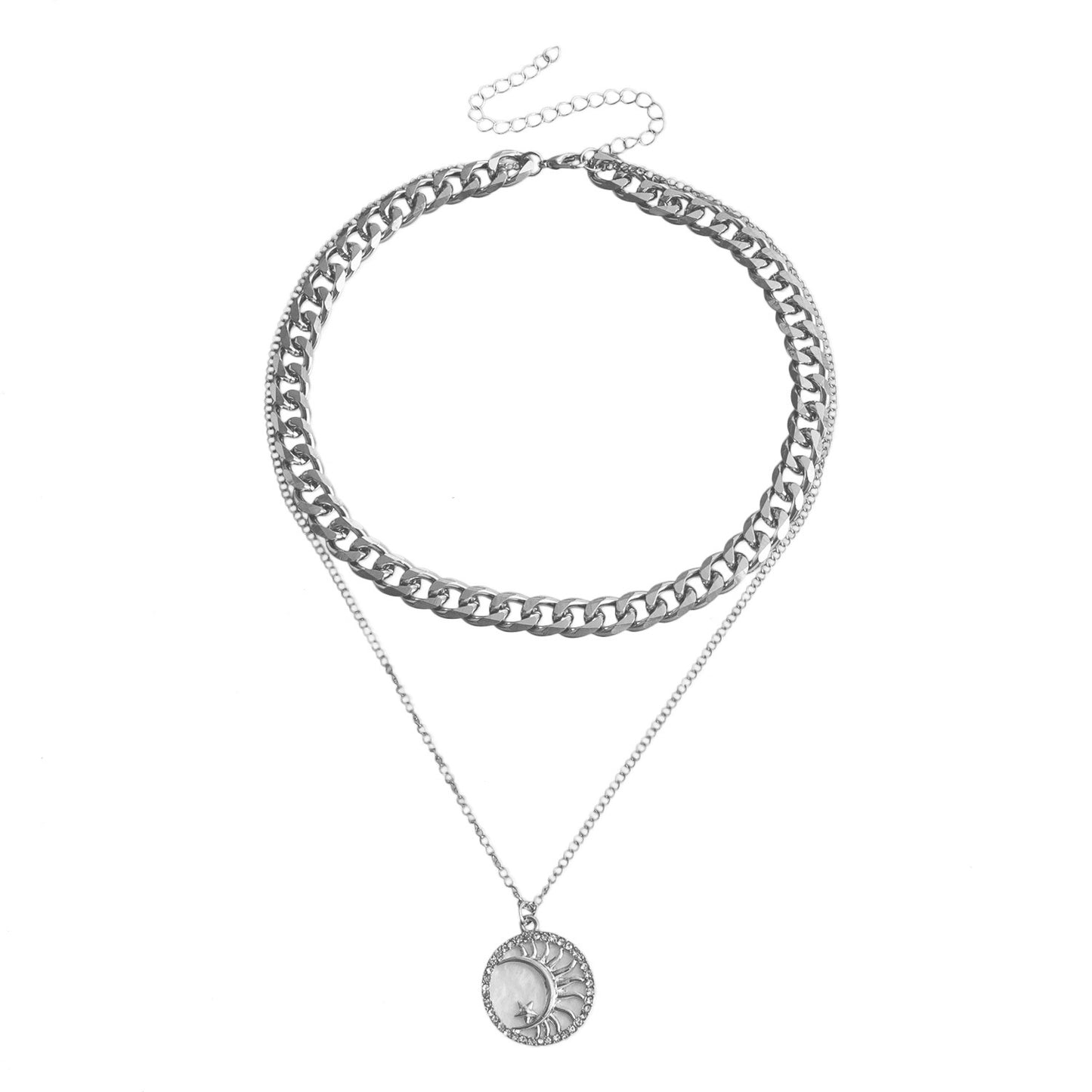 Geometric Round Tree of Life Pendant Necklace with Rhinestone Inlay on Double-Layer Aluminum Chain for Women