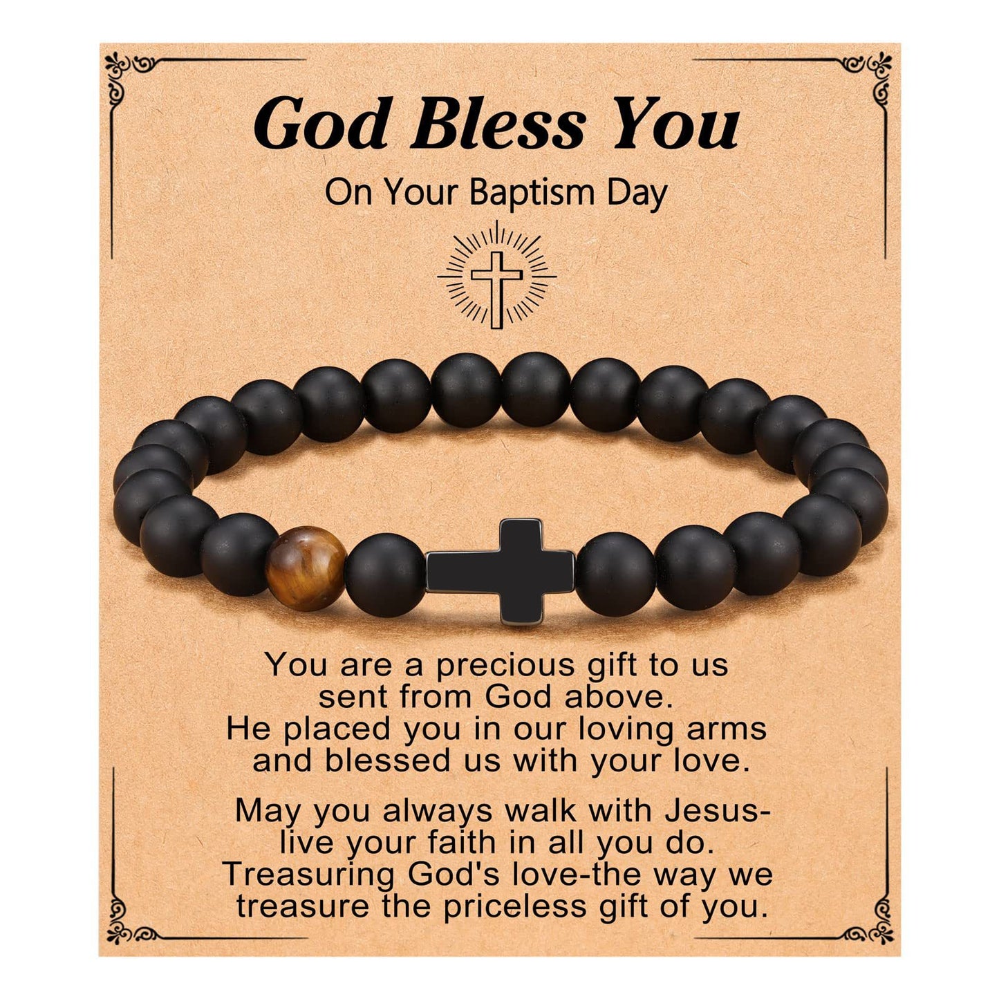 Matte Black Obsidian and Tiger Eye Beaded Bracelet with Small Cross Pendant Unisex Handmade Stone Jewelry