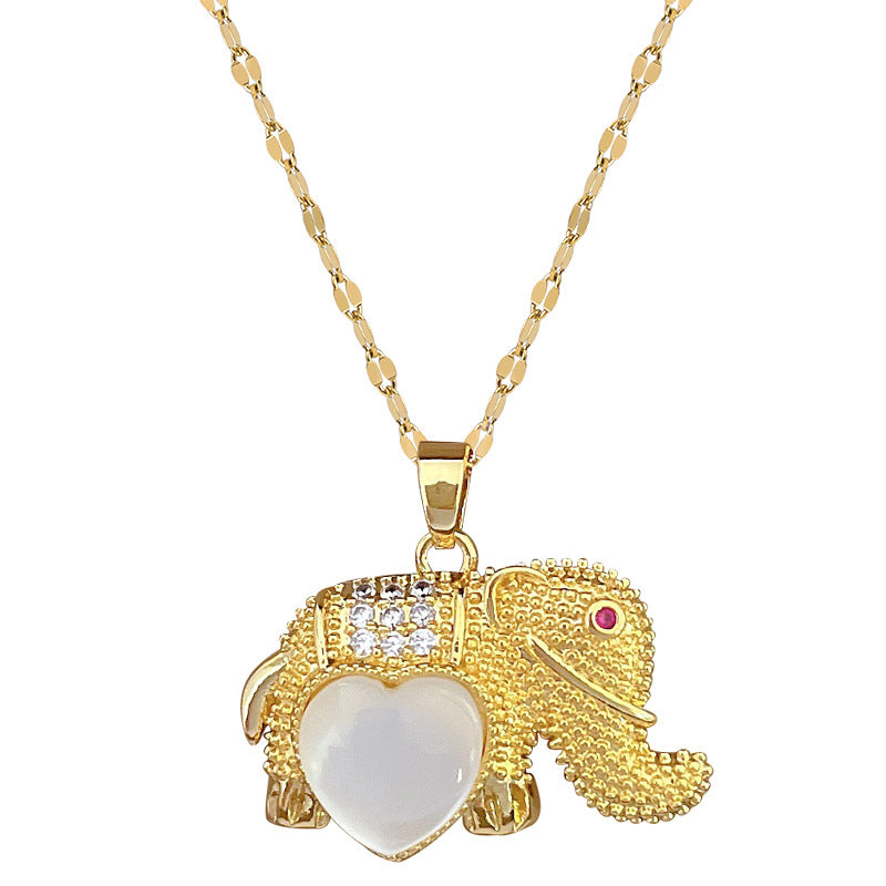Elegant Elephant Pendant Necklace for Women with Cat's Eye Stone Inlay on Titanium Steel Chain, Geometric Design, Minimalist and Fresh Style