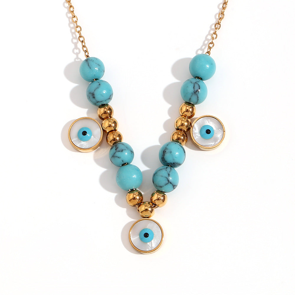Fashionable French Vintage Pendant Necklace for Women with Geometric Blue Turquoise-Inlaid Round Eyes, Stainless Steel Base with 18K Gold Plating