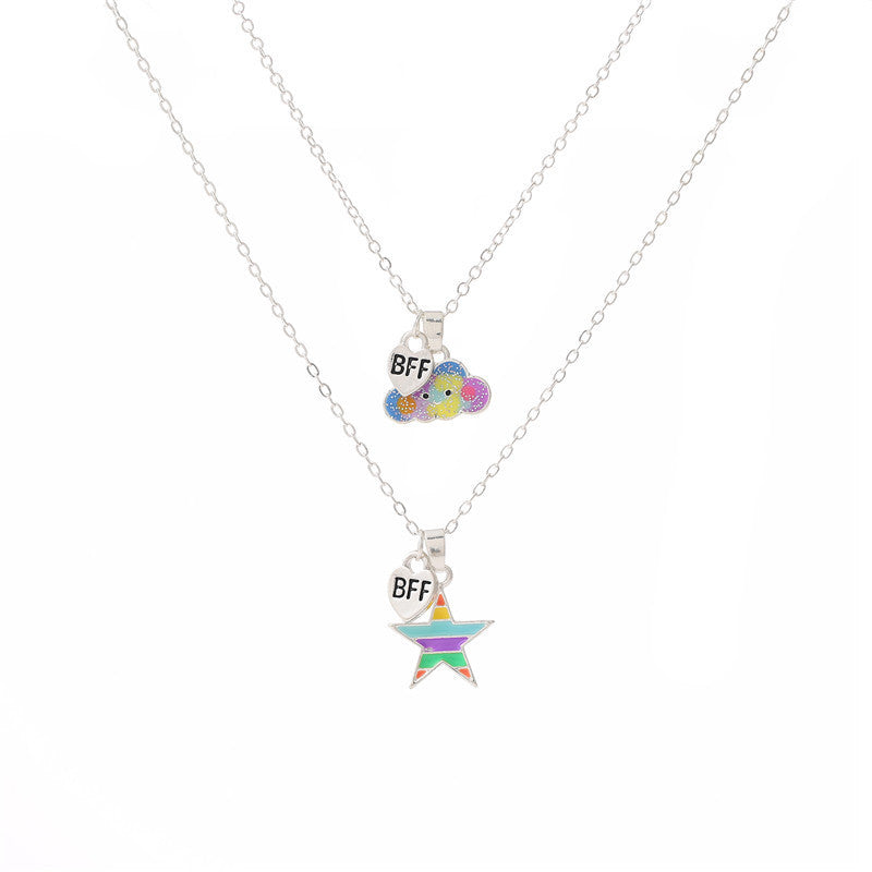 Collar de aleación de nube y estrella de dibujos animados para niños con acabado esmaltado, colgante de la amistad BFF en cadena cruzada