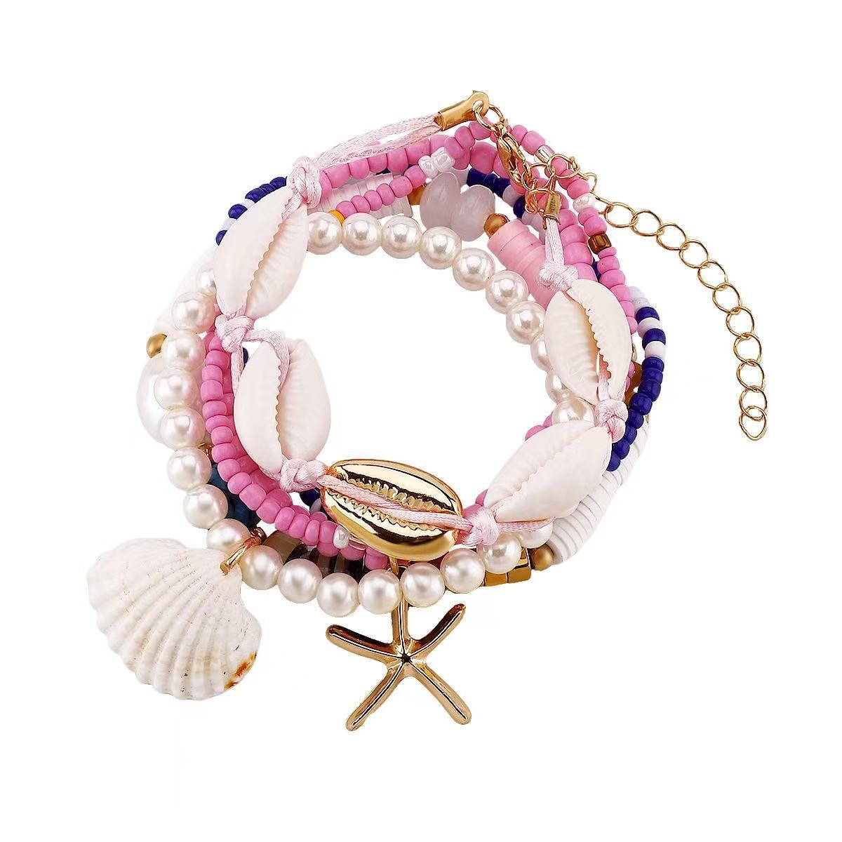 Set di bracciali da donna in stile bohémien con stelle marine e conchiglie, tessuti a mano