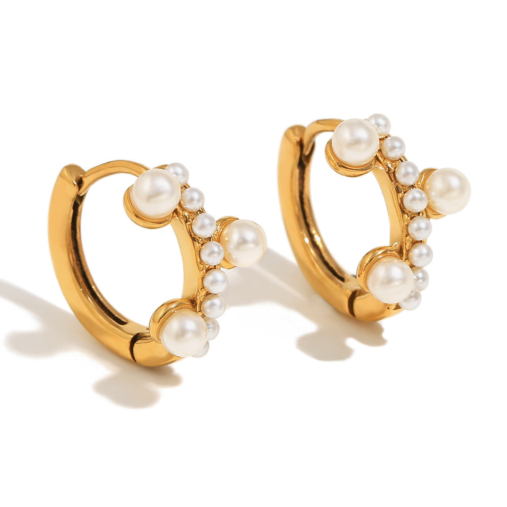 Pendientes Minimalistas Geométricos de Acero Inoxidable con Baño de Oro de 18K y Detalles de Pequeñas Perlas para Mujer