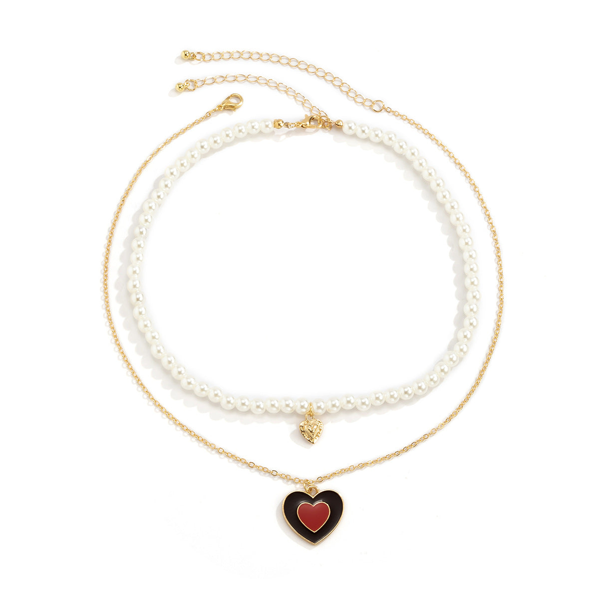 Vintage Hip-hop Sweet Geometric Heart Drip Oil Alloy Pendant Imitation Pearl Ball Chain Necklace for Women