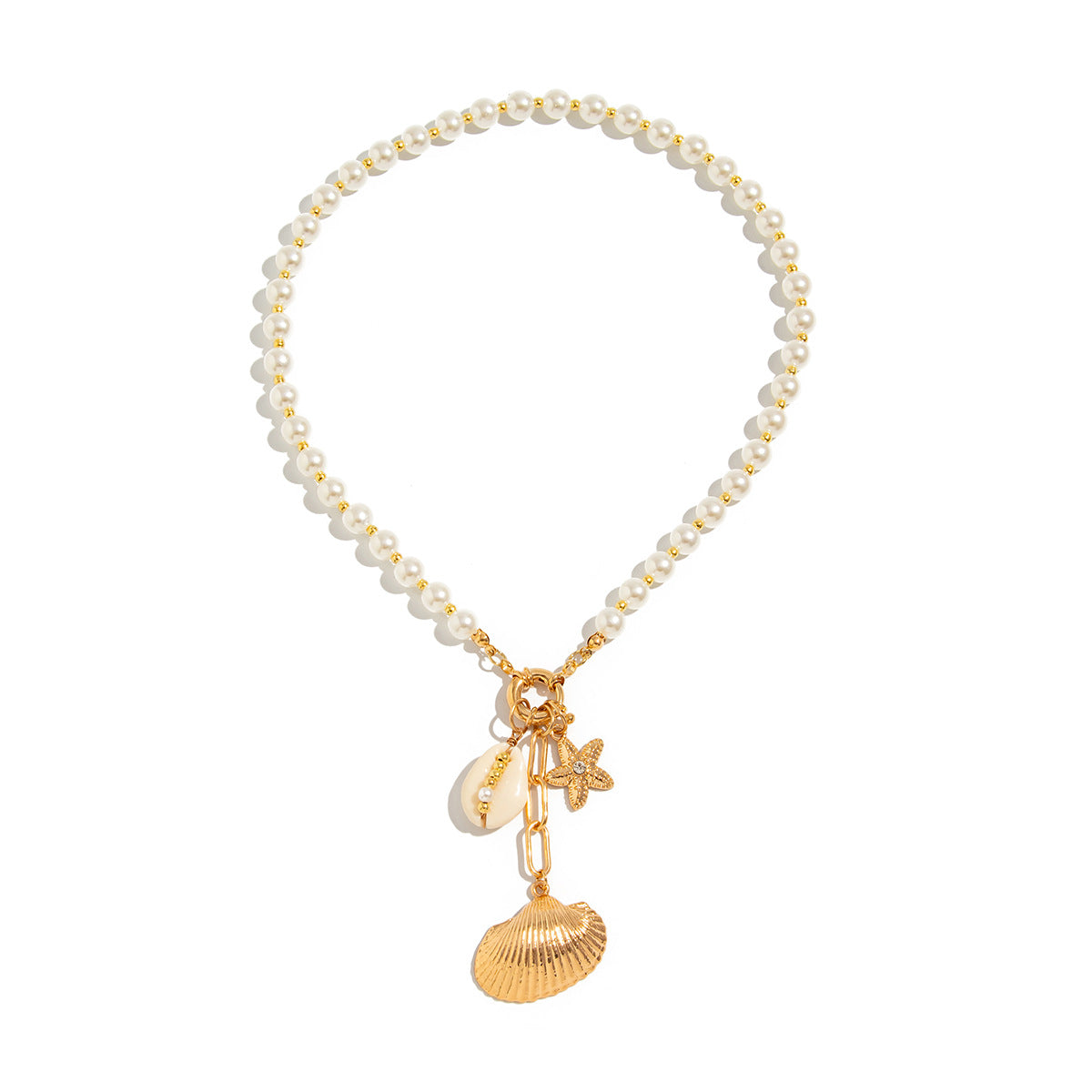 Vintage Baroque Shell Starfish Alloy Pendant Pearl Ball Chain Necklace for Women