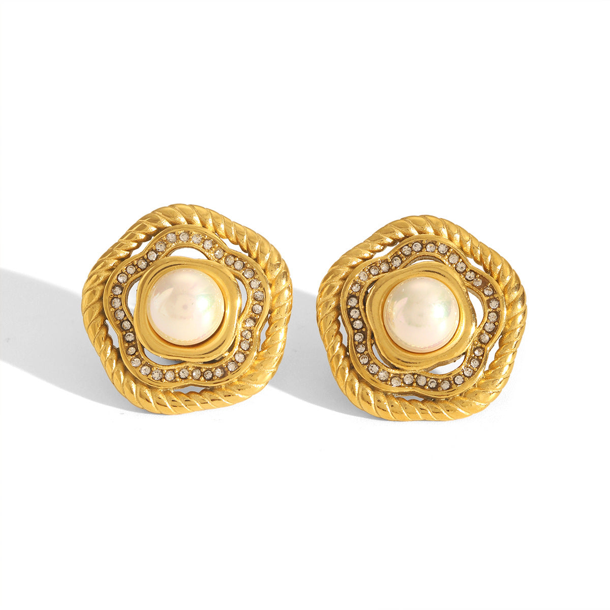 Vintage French Style 18K Gold Plated Stainless Steel Floral Geometric Pearl Rhinestone Earrings for Women