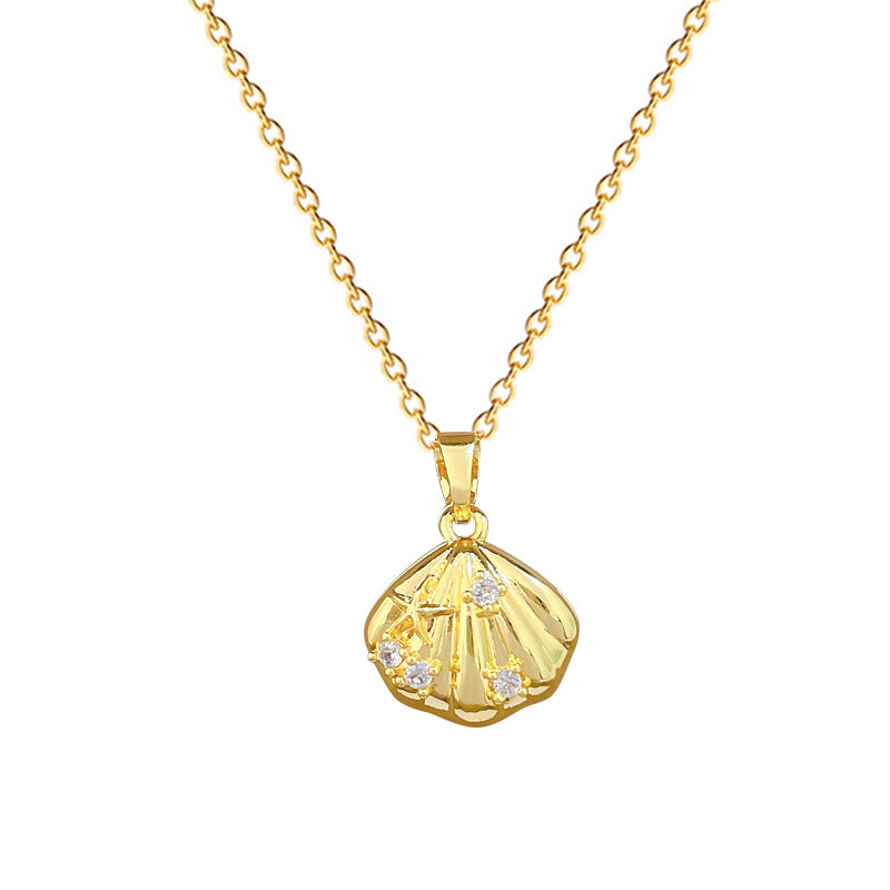 Sweet Minimalist Geometric Moon Pearl Shell Rhinestone Pendant Necklace Titanium Steel Cable Chain for Unisex