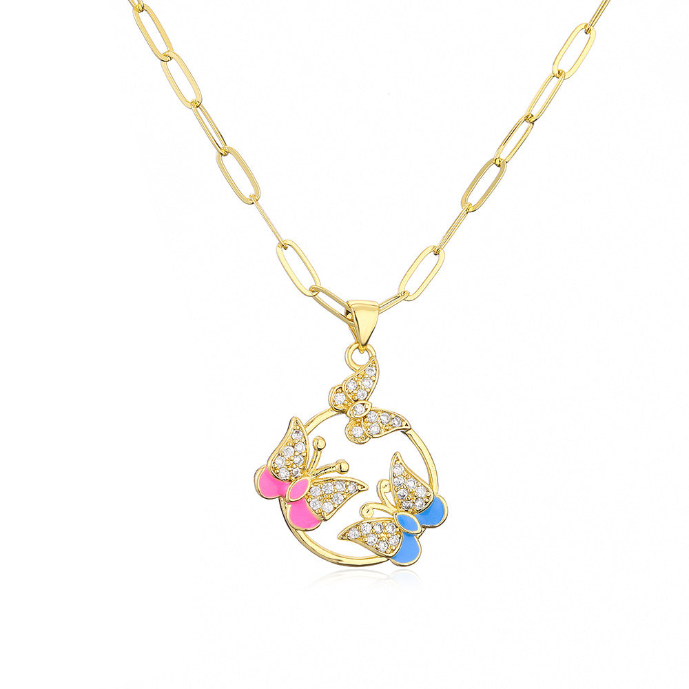 Minimalist Butterfly and Dragonfly Pendant Necklace for Women with Copper Base Plated in 18K Gold and Zircon Inlay