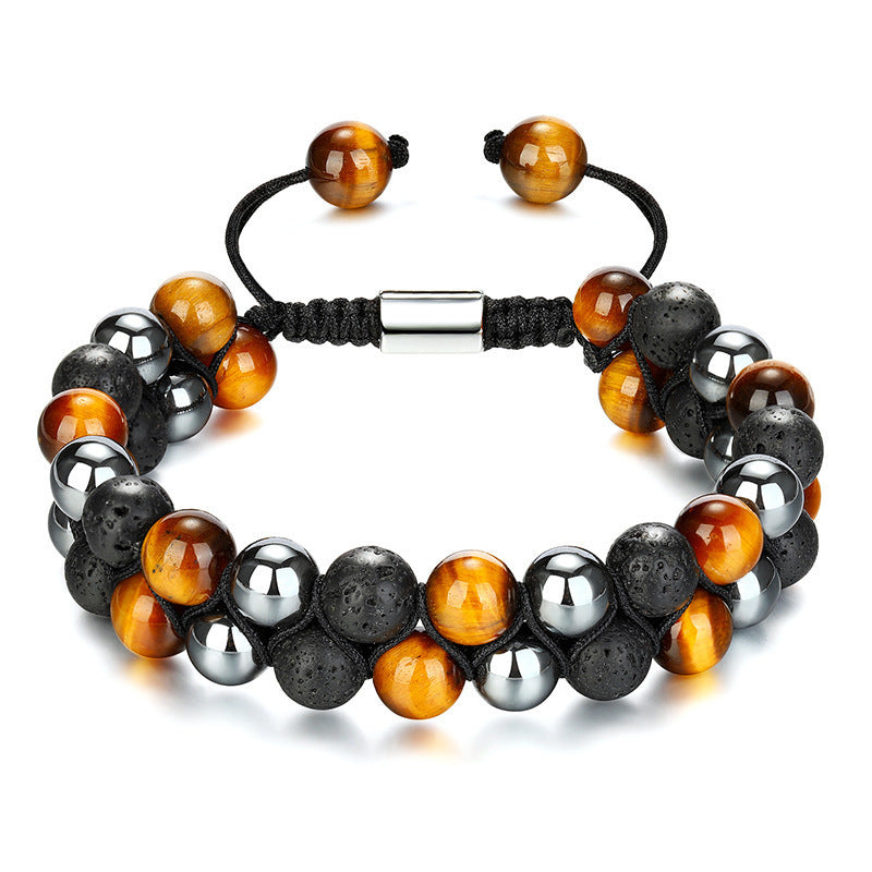 Men's Geometric Agate Woven Bracelet with Floral Pattern