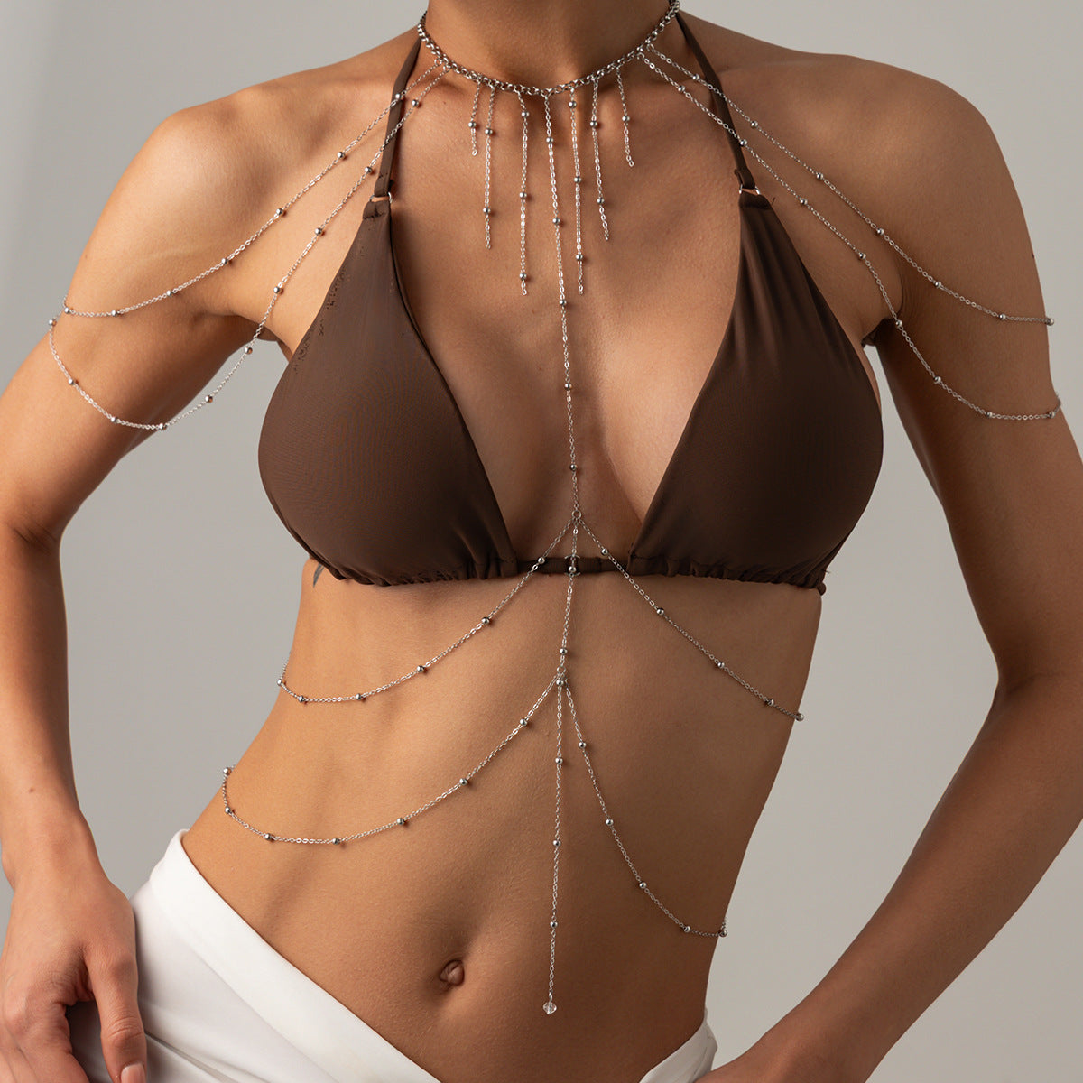 Elegant Multi-Layer Pearl Tassel Body Chain Brass Polished Round Ball Chain Bikini Neck Chest Jewelry for Women
