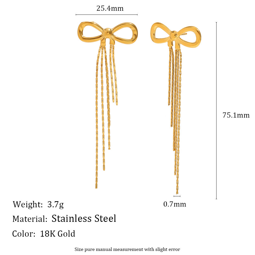 Aretes Minimalistas Modernos en Forma de Lazo de Acero Inoxidable con Baño de Oro de 18K y Acento de Circonia, Colgante Delicado de Borla para Uso Diario