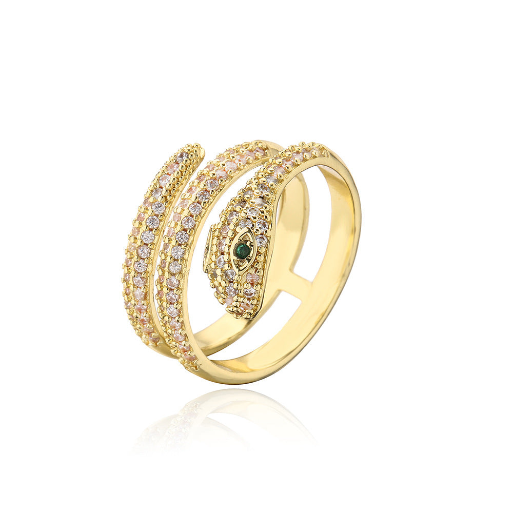 Fashionable Snake-Shaped Geometric Ring for Women Made of Brass with Real Gold Plating and Micro-Pavé Zirconia