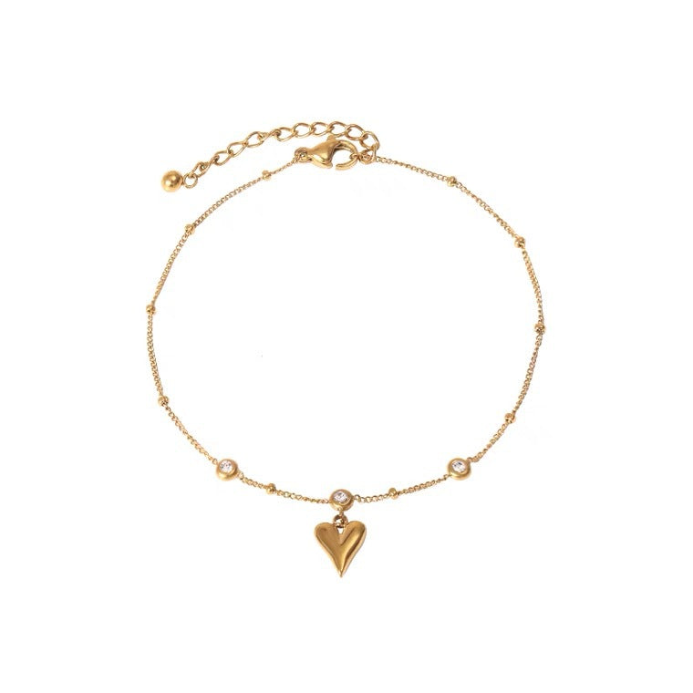 18K Gold Plated Heart Shape Titanium Steel Anklet with Crystal Zircon for Women