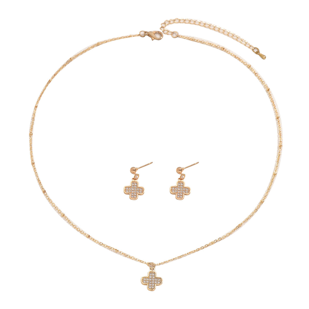 Juego de collar con colgante de trébol de cuatro hojas minimalista y pendientes de tuerca para mujer, en cobre con incrustaciones de diamantes de imitación