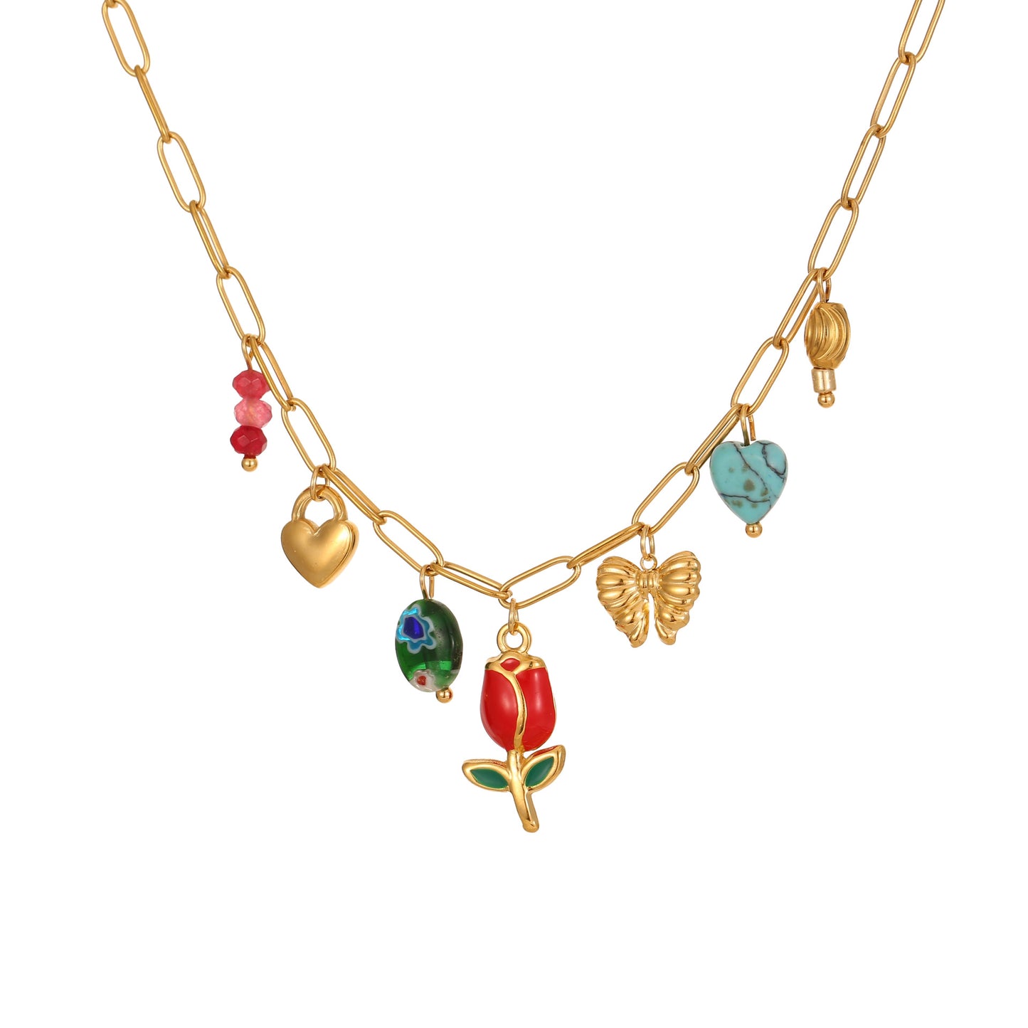 Fashion Floral Pendant Necklace for Women in Stainless Steel with Plated Finish, Heart and Geometric Shapes, Lightweight Luxury Clavicle Chain