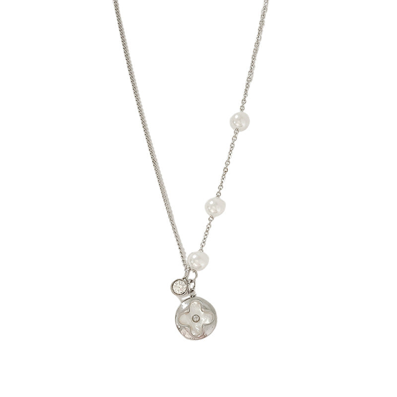 Elegant Gold Plated Titanium Steel Necklace with Micro-set Cubic Zirconia and Pearl for Unisex