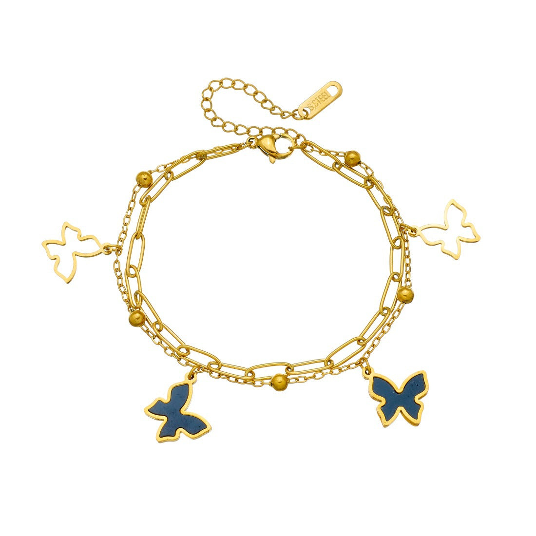 Minimalist Gold Plated Stainless Steel Double Layer Hollow Butterfly Bracelet for Women