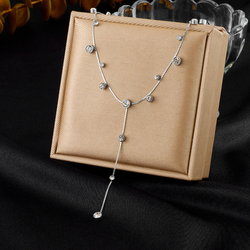 Minimalist Elegant Stainless Steel Plated Heart Round Rhinestone Y-Shape Long Tassel Necklace for Women
