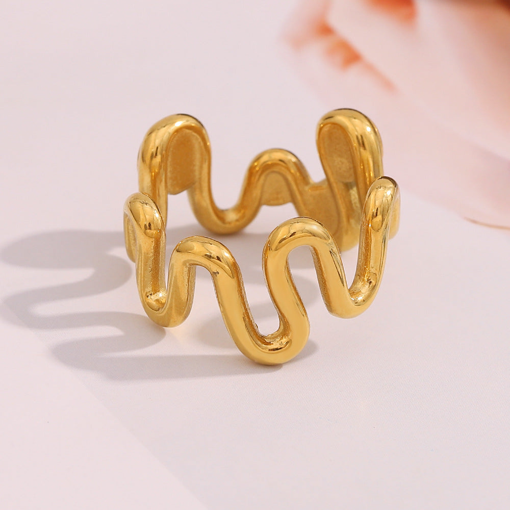 Elegant Wave-Shaped Geometric Stainless Steel Ring with 18K Gold Plating and Colorful Rhinestone Inlay for Women