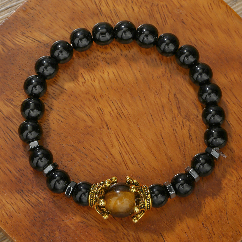 Luxury Punk Geometric Alloy Crown Bracelet with Tiger Eye and Hematite for Men and Women