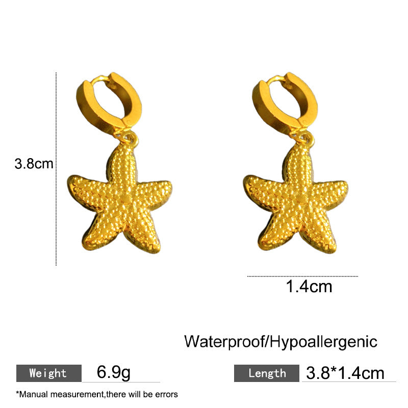 Sweet Streetwear Starfish Round Titanium Steel Plated Necklace Bracelet Earring Set with Cuban Link Chain