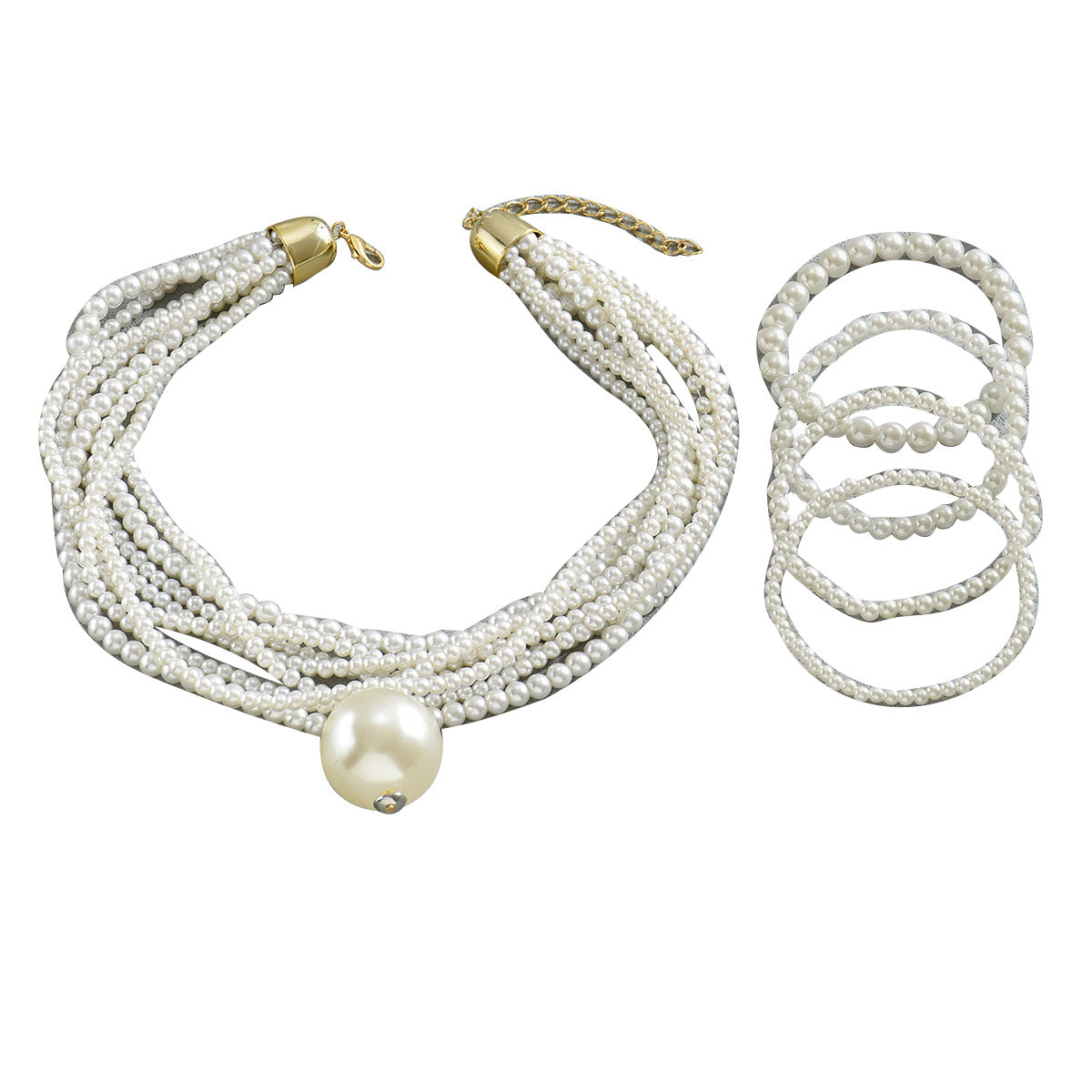 Elegante Parure Collana di Perle Geometrica con Pendente di Perle e Madreperla, Bracciale di Perle e Orecchini da Donna