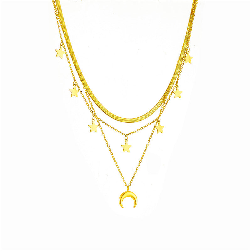 Collana Pendente Stella e Luna Stile Vintage in Acciaio Inox Lucido con Catena a Serpente da Donna