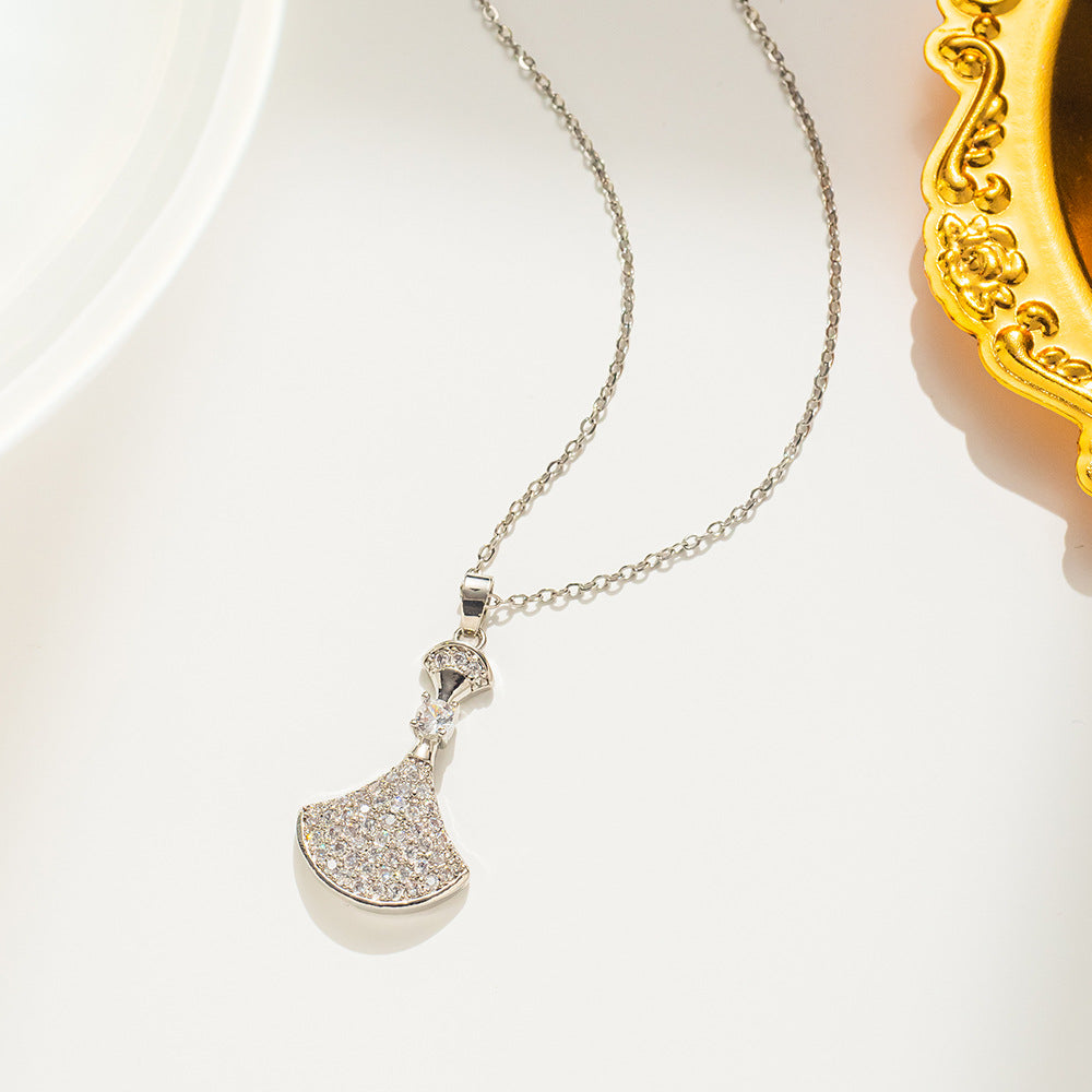 Luxury Rhinestone-Encrusted Titanium Steel Necklace for Women with Fan-Shaped Skirt Pendant and Polished Ball Chain