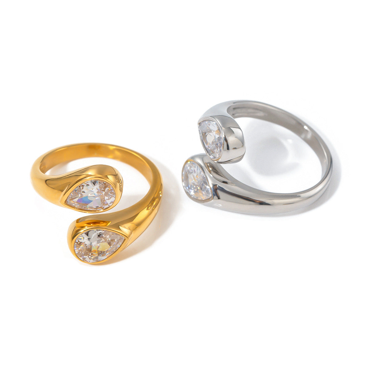 Minimalist 18K Gold Plated Asymmetric Teardrop Open Stainless Steel Ring with Cubic Zirconia
